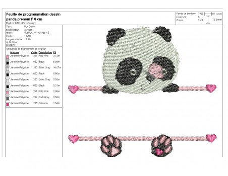 Motif de broderie machine  panda prénom fille