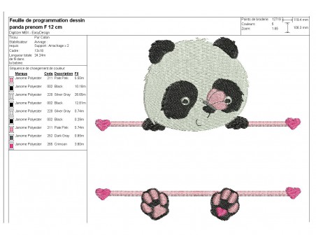 Motif de broderie machine  panda prénom fille