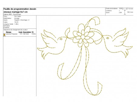 Motif de broderie machine  oiseaux au bouquet de fleurs