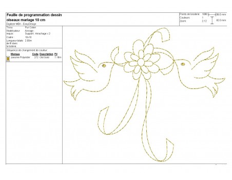 Motif de broderie machine  oiseaux au bouquet de fleurs