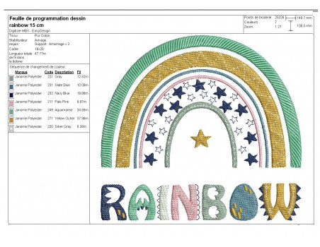 Motif de broderie machine arc en ciel Rainbow