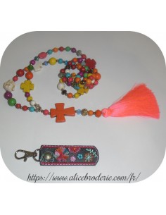 Motif de broderie machine ITH porte clé court pompon rond bohème