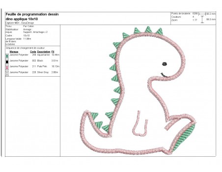 Motif de broderie machine dinosaure diplodocus appliqué