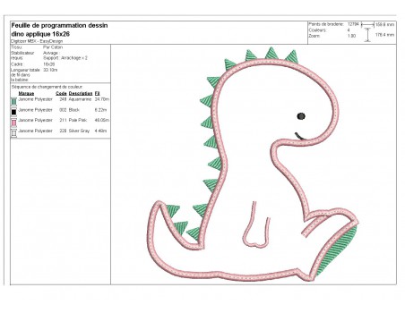 Motif de broderie machine dinosaure diplodocus appliqué