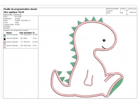 Motif de broderie machine dinosaure diplodocus appliqué