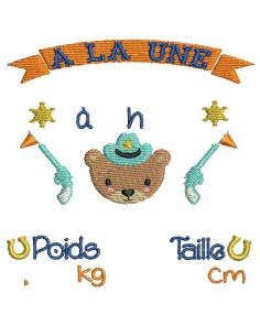 Motif de broderie machine  journal de naissance ourson  cowboy