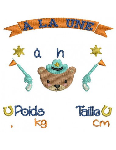 Motif de broderie machine  journal de naissance ourson  cowboy