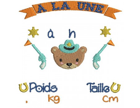 Motif de broderie machine  journal de naissance ourson  cowboy