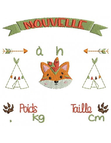 Motif de broderie machine  journal de naissance renard indien