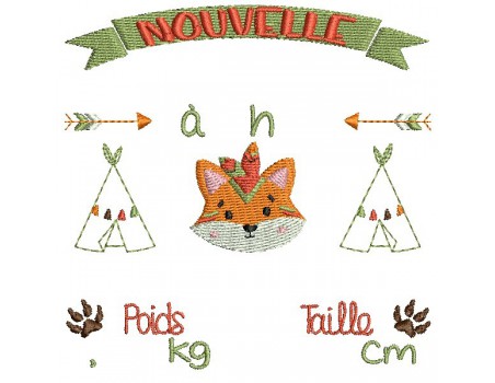 Motif de broderie machine  journal de naissance renard indien