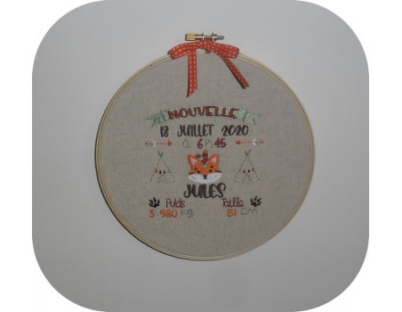 Motif de broderie machine  journal de naissance renard indien