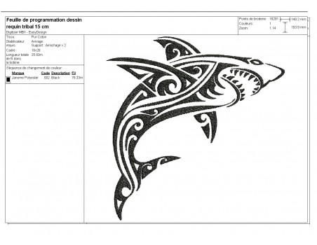 Motif de broderie machine  requin tribal tatoo