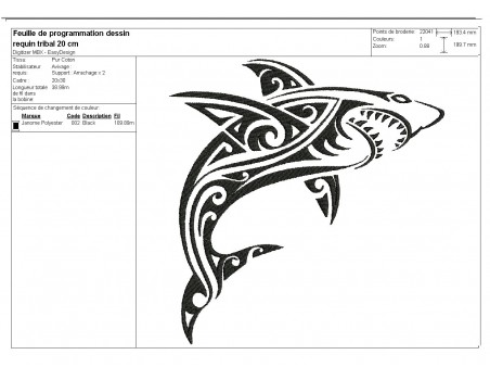 Motif de broderie machine  requin tribal tatoo