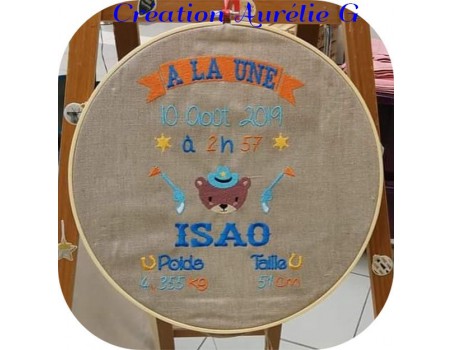 Motif de broderie machine  journal de naissance ourson  cowboy