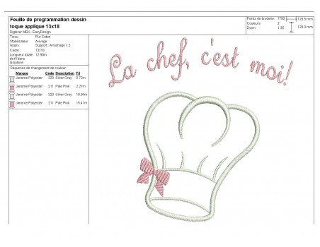 Instant download machine embroidery design applique toque chef