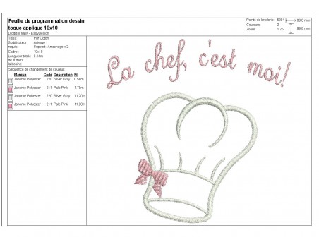 Instant download machine embroidery design applique toque chef