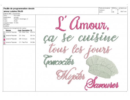 Motif de broderie machine texte l'amour se cuisine