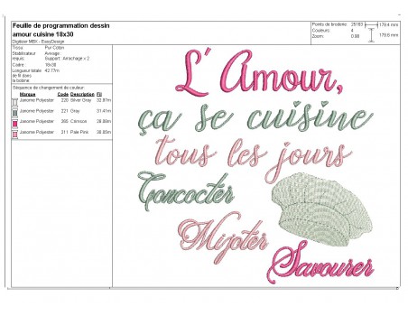 Motif de broderie machine texte l'amour se cuisine