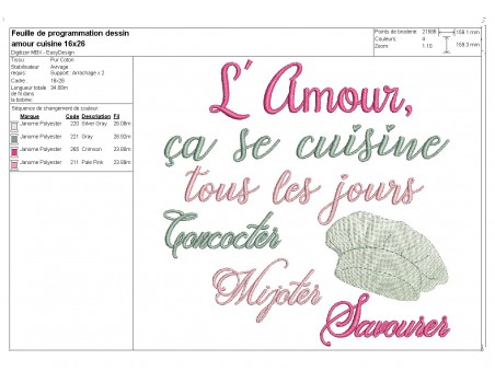 Motif de broderie machine texte l'amour se cuisine