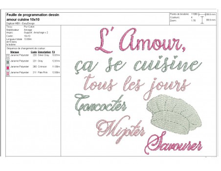 Motif de broderie machine texte l'amour se cuisine