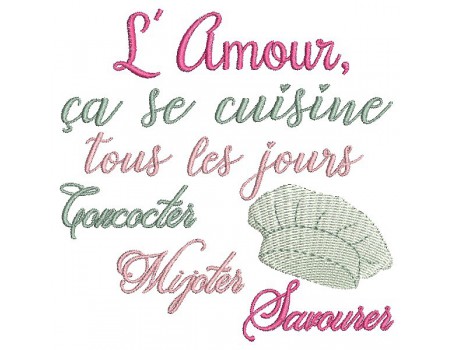 Motif de broderie machine texte l'amour se cuisine