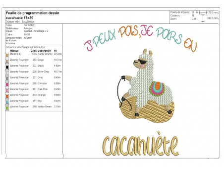 Motif de broderie machine texte humour j'peux pas je pars en cacahuète