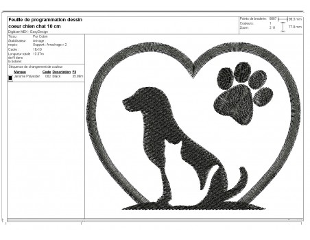 Motif de broderie machine  coeur chien chat