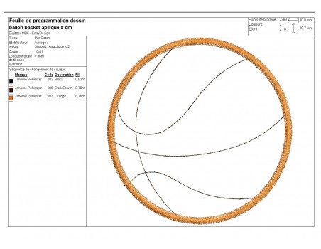 Motif de broderie machine ballon de basket appliqué