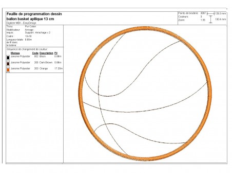 Motif de broderie machine ballon de basket appliqué
