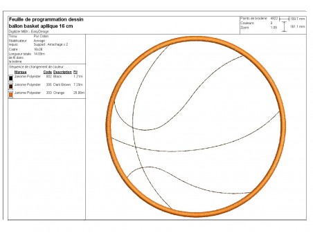 Motif de broderie machine ballon de basket appliqué