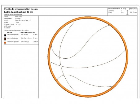 Motif de broderie machine ballon de basket appliqué