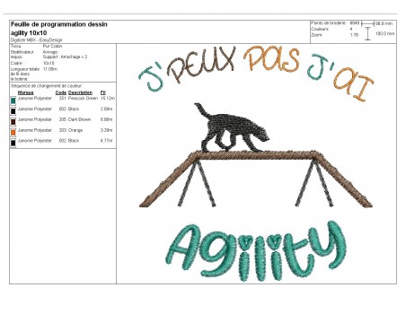 Motif de broderie machine j'peux pas j'ai  agility