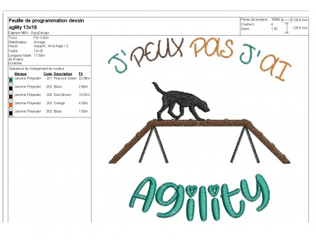 Motif de broderie machine j'peux pas j'ai  agility