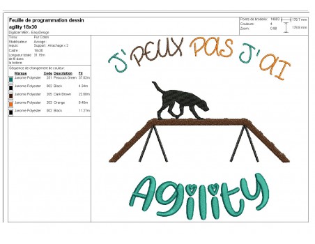 Motif de broderie machine j'peux pas j'ai  agility