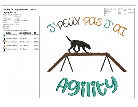 Motif de broderie machine j'peux pas j'ai  agility