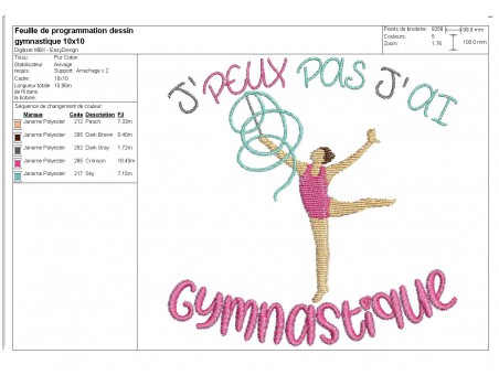 Motif de broderie machine j'peux pas j'ai gymnastique