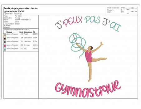 Motif de broderie machine j'peux pas j'ai gymnastique