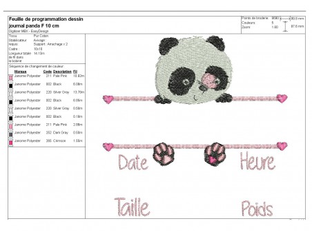 Motif de broderie machine  panda  journal de naissance fille