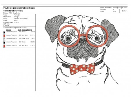 Motif de broderie machine carlin avec ses lunettes