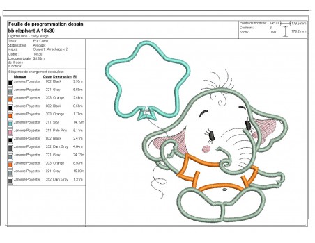 Motif de broderie machine  Eléphant avec un ballon en appliqué