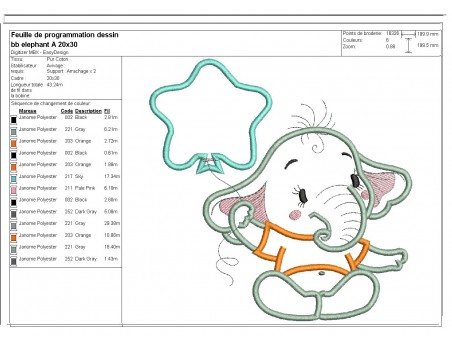 Motif de broderie machine  Eléphant avec un ballon en appliqué