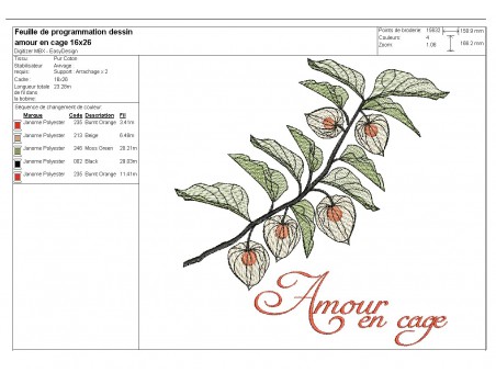 Motif de broderie machine  Amour en cage ou Physalis