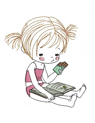 Motif de broderie machine petite fille lisant et mangeant du chocolat