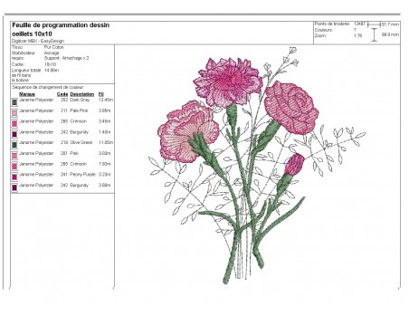 Motif de broderie machine  bouquets d'oeillets