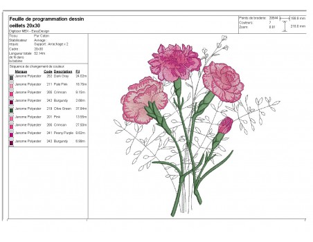 Motif de broderie machine  bouquets d'oeillets