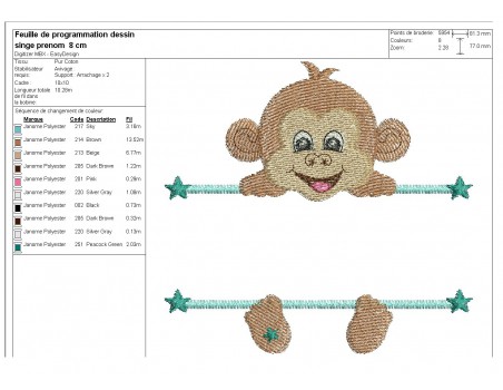 Motif de broderie machine singe  prénom garçon