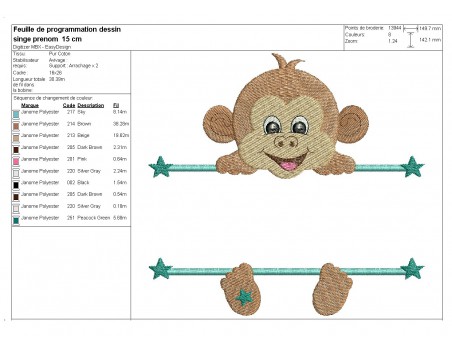 Motif de broderie machine singe  prénom garçon