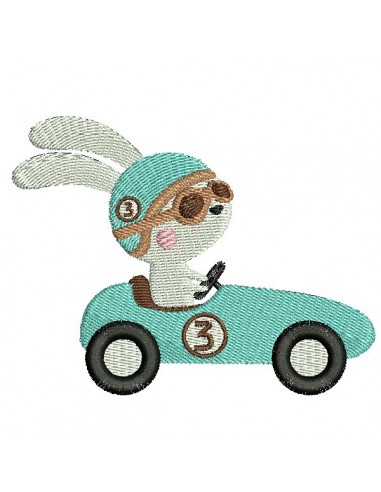 motif de broderie lapin dans un bolide