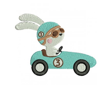 Motif de broderie machine  lapin dans sa voiture de course