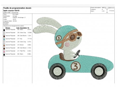 Motif de broderie machine  lapin dans sa voiture de course